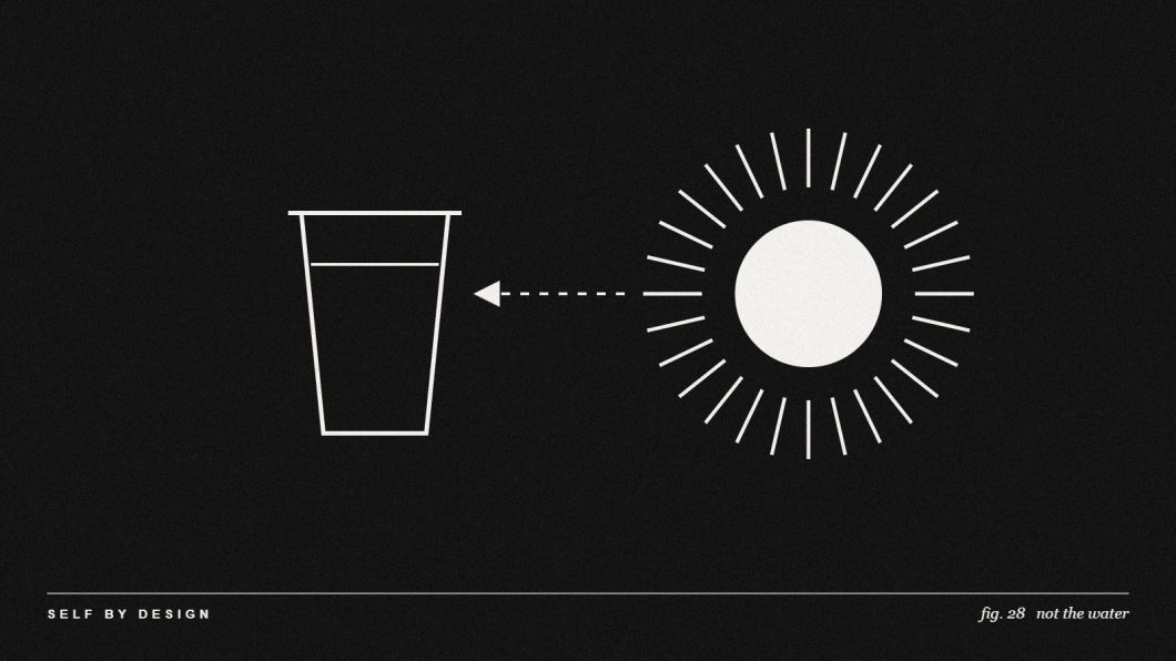 An empty glass beside a radiating source, fig. 28 not the water. Abstract illustration by Self By Design.